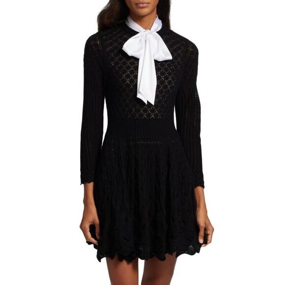 ALICE + OLIVIA Gin Pointelle Lace Wool Blend Mini Black Dress Size medium - Picture 1 of 16